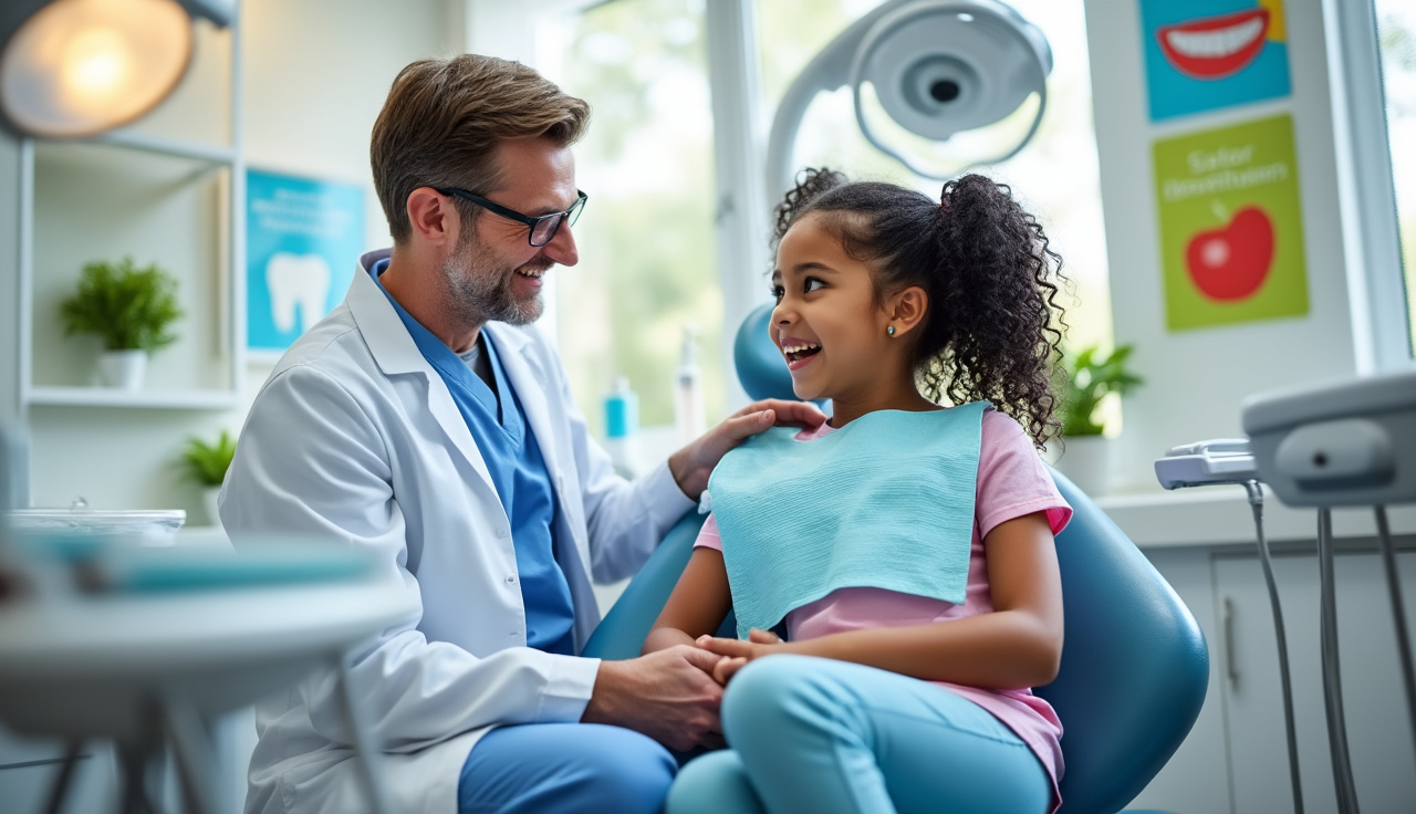 A dentist and dental team interacting with a happy patient during a consultation in a bright dental office