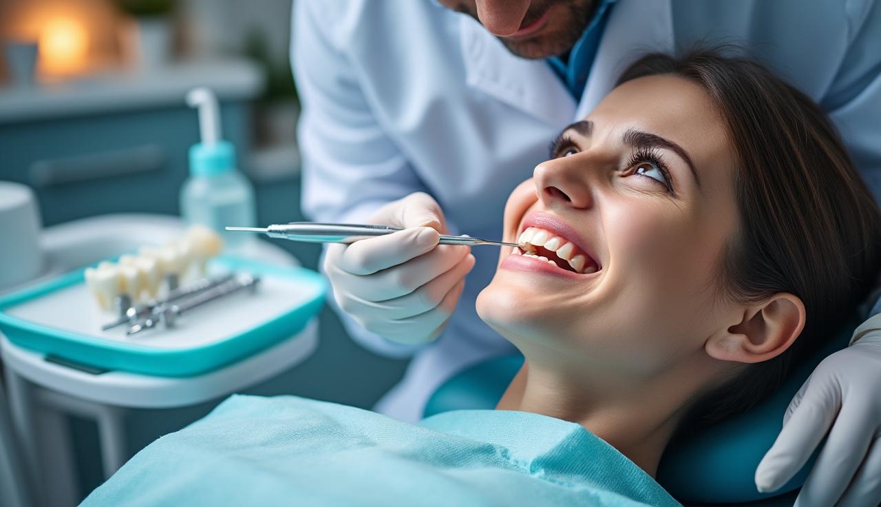 Two dental implant specialists discussing treatment options with a patient in a dental clinic
